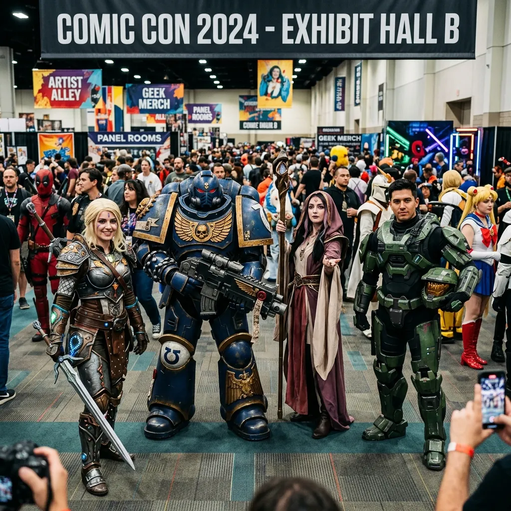 Elaborate cosplay costumes on display at Comic-Con — fans dressed as popular comic and movie characters