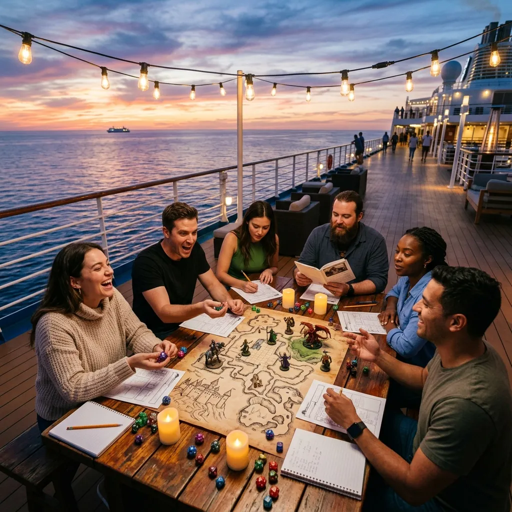 A group of friends playing a tabletop RPG on the deck of a cruise ship at twilight with dice and miniatures on the table
