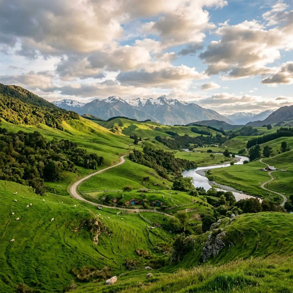 Stunning green New Zealand countryside landscape surrounding the Hobbiton Shire movie set