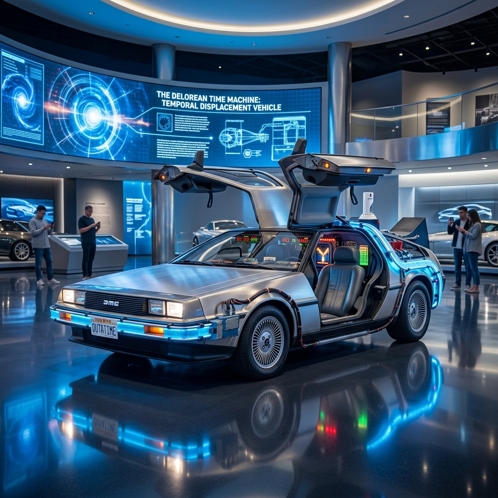 A shiny DeLorean time machine car with gull-wing doors open, glowing blue lights, displayed inside the Petersen Automotive Museum.