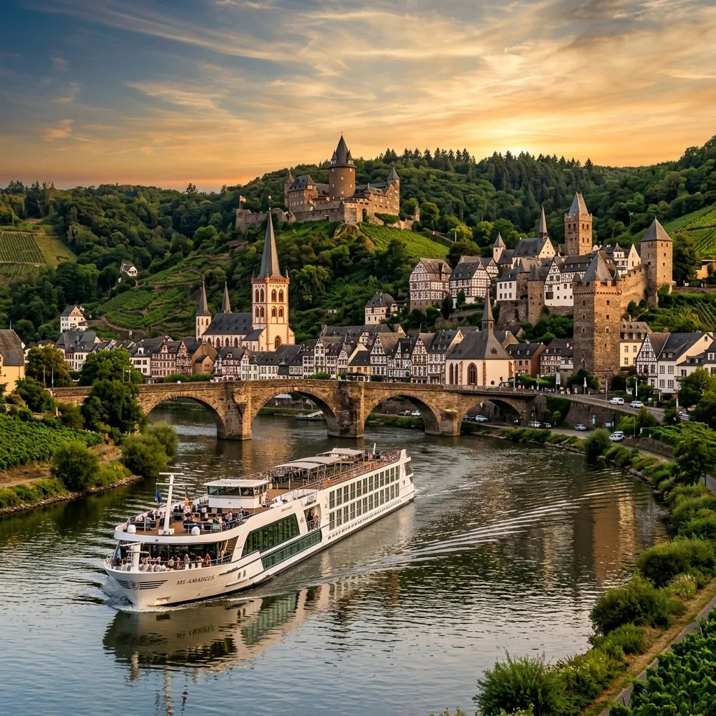 A medieval German town with half-timbered houses and a church tower seen from the banks of a European river