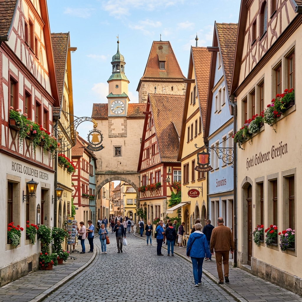 Cobblestone streets of a medieval European town with colorful half-timbered houses and a clock tower