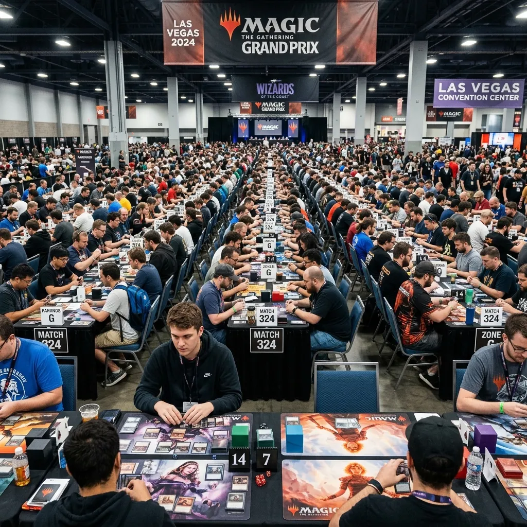 A vibrant convention hall in Las Vegas with hundreds of players competing in a high-stakes card tournament