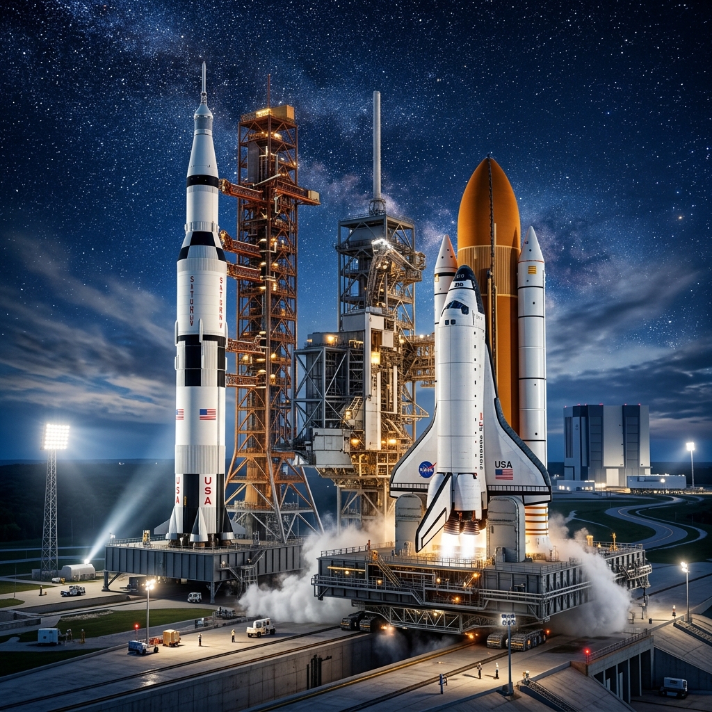 A detailed view of a space shuttle ready for launch next to a towering Saturn V rocket under a starry night sky at Kennedy Space Center.