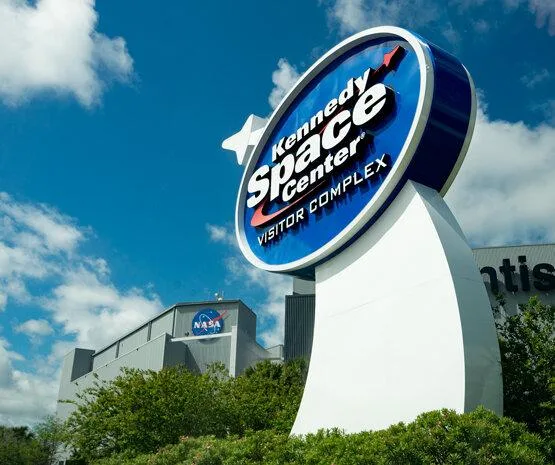 The Kennedy Space Center Visitor Complex entrance sign near Orlando, Florida.