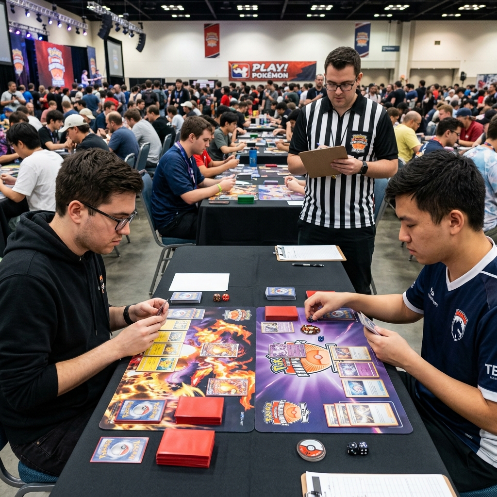 A competitive Pokémon Trading Card Game tournament table with players competing and cards spread across playmats