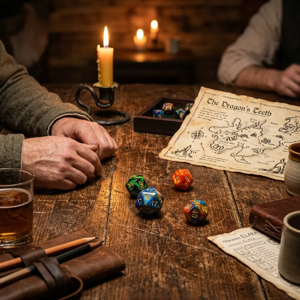A close-up of polyhedral RPG dice being rolled on a wooden tabletop during a TTRPG session in a cozy, candlelit room